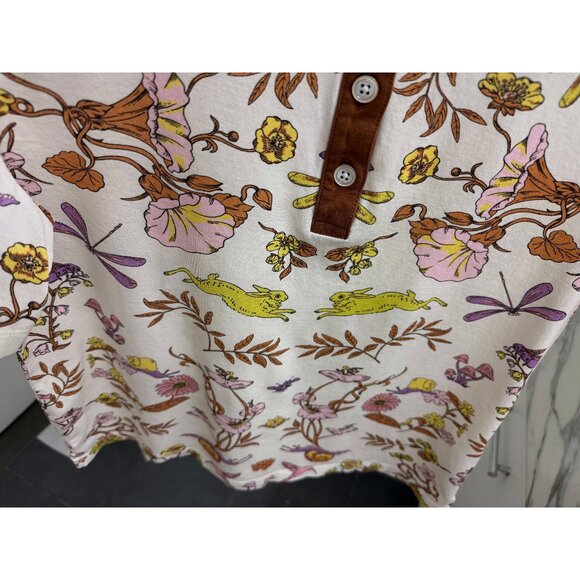 Tory Burch Ivory Rabbit Field Printed Mercerized Polo T Shirt Floral Bunny M - Picture 7 of 15